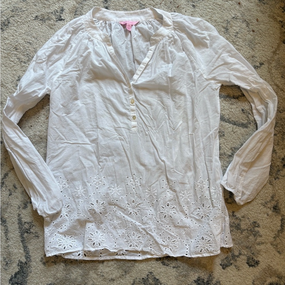 Lily Pulitzer White Eyelet Women's Top Size M V Neck Long Sleeve Beach